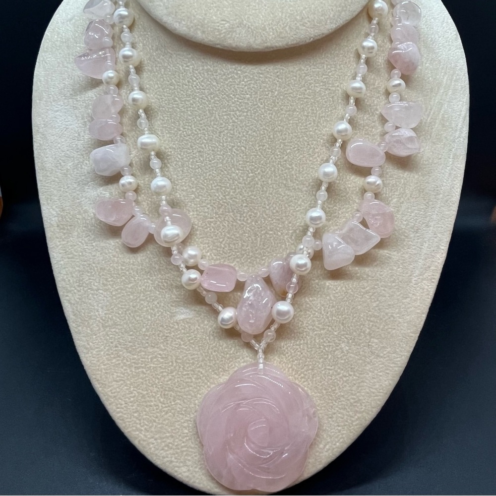 Rose Quartz and Pearl 3 in 1 Adjustable Necklace 22 inches